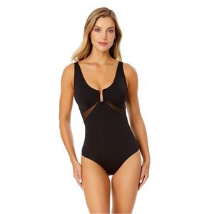 Anne Cole Mesh Around‎ U Ring Mesh Insert One Piece Swimsuit BLACK 6